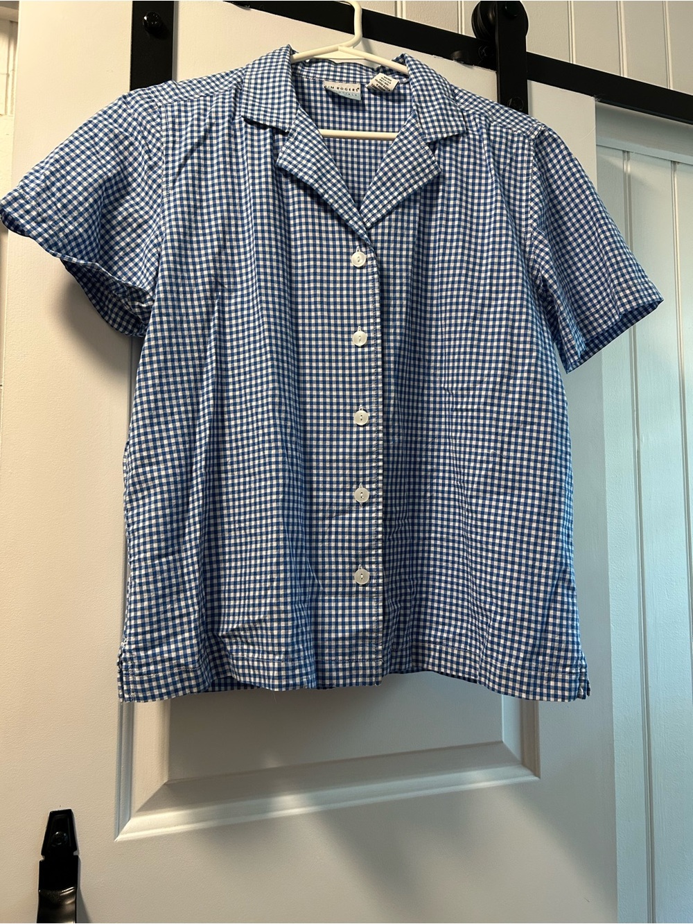 Kim Rogers Blue White Gingham Short-Sleeve Button-Up Shirt